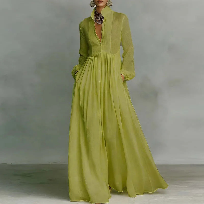 Bohemian Stand Collar Button Maxi Shirt Dress Woman Elegant High Waist Solid Party Dress Spring Long Sleeve Loose Casual Dresses