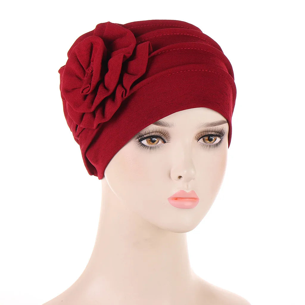 Trendy Crinkle Women's Hijab Solid Color Muslim Ladies Turban Bonnet Flower Decor Ramadan Head Wrap Head Scarf Indian Hats