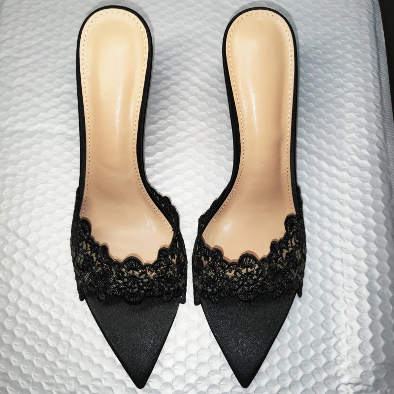 New Summer Women's High Heel Sandals Lace Embroidery Pointed Open Toe Stiletto High Heel Sandals Party Slippers