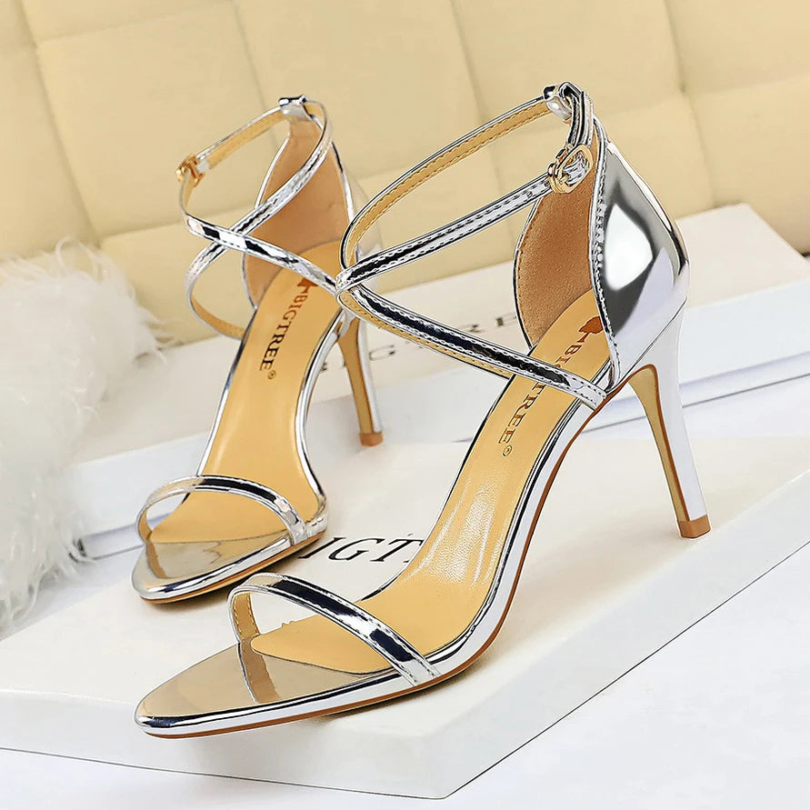 Women Fetish 8cm 11cm High Heels Summer Mid Low Heels Champagne Gold Sandals Roman Pumps Lady Gladiators Stiletto Stripper Shoes
