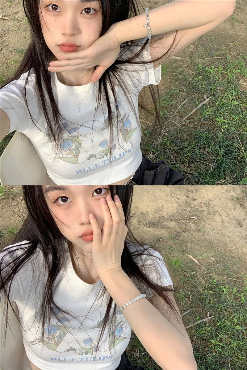 Kawaii Crop Top Summer Women's T-shirt All-match Trendy Fun Printed Casual Slim Korean Cute Tops New Y2K Simple Short Sleeve Tee