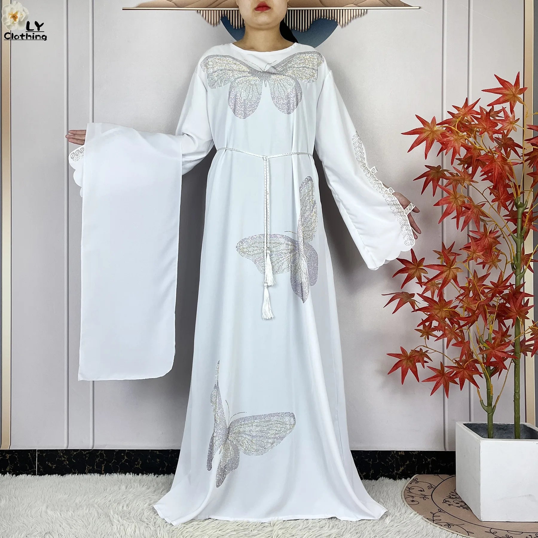 2025New Dubai Muslim Women Elegant Dress African Abaya Loose Butterfly Pattern Diamond Islamic Long Sleeve Turkey Femme Clothing