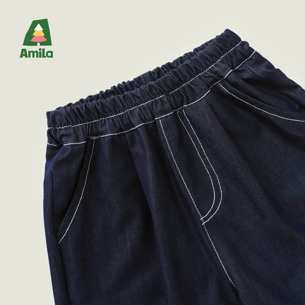 Amila 2026 Girls Summer Set Navy Blue Top Wide Pants 2025 Fashion Heart Embroidery Ruffle Casual Trendy Kids Outfit Sleeveless