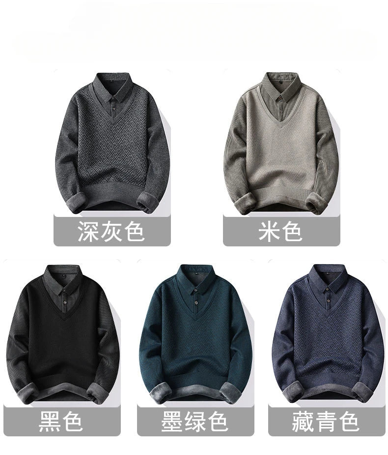 Winter Warm Thick Pullovers Men Polo Neck Fake Two Pieces Sweaters Fashion Casual Striped Fleece Lined Jumper Knitting Sweaters