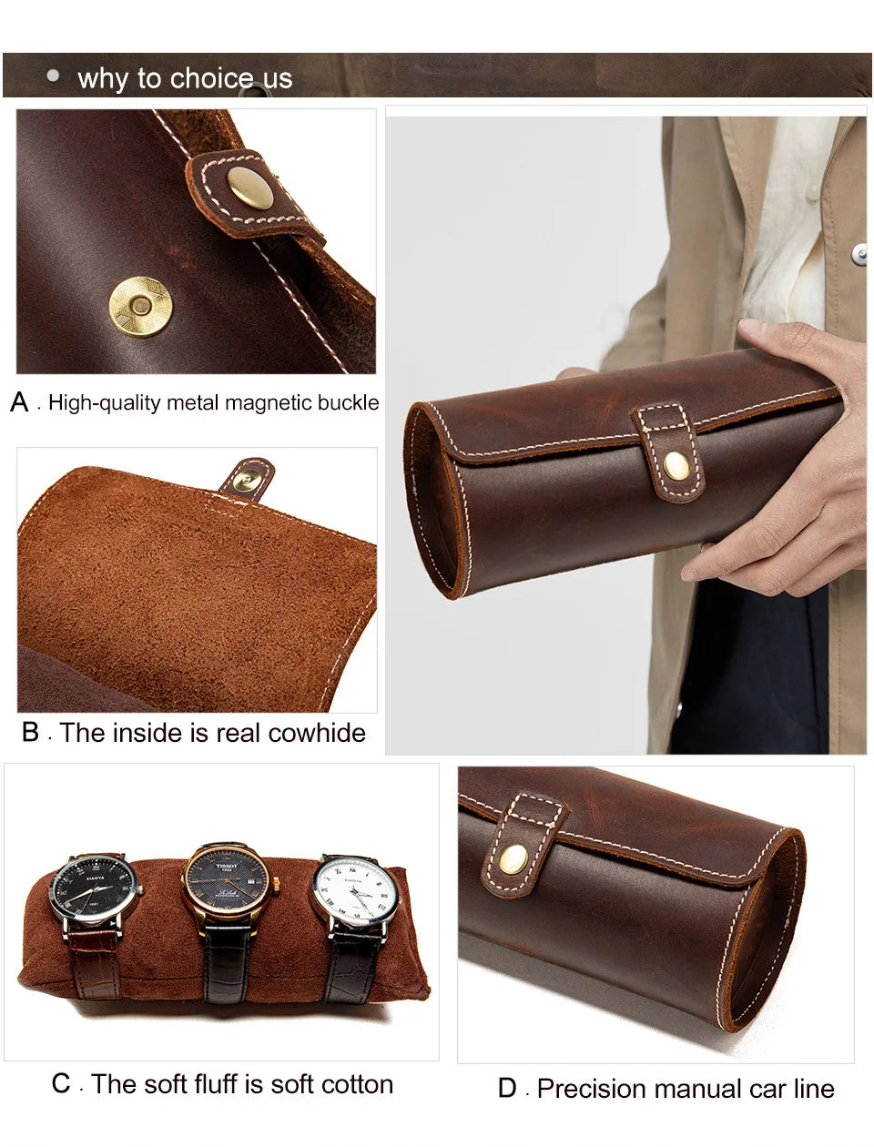 New Arrivals Leather watch case three round buckle watch bag outdoor convenient type couple watch storage box for watches