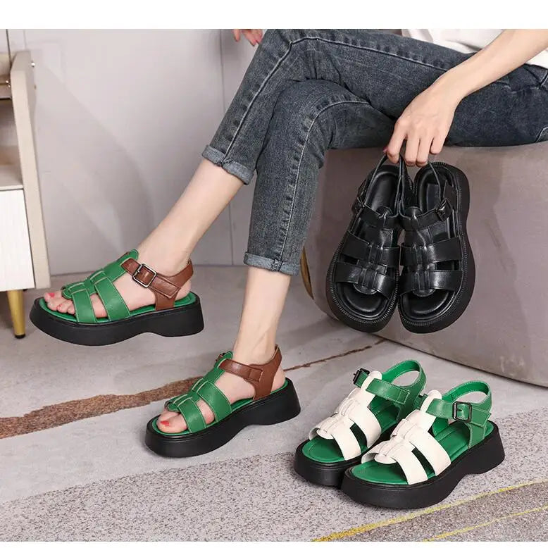 GKTINOO Summer Mixed Color Genuine Leather Sandals Roman Shoes Platform Wedges Woven Thick Soled Sandals Women Shoes Large Size
