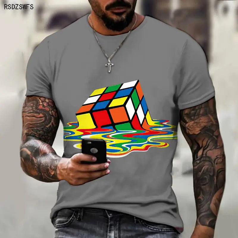 Men's Shirt Exclusive Design Melting Rubik's Cube 3D Printing Printing Trendy Brand Shirt Round Neck T-shirt Oversize 5XL
