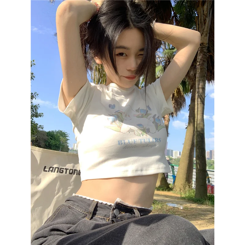 Kawaii Crop Top Summer Women's T-shirt All-match Trendy Fun Printed Casual Slim Korean Cute Tops New Y2K Simple Short Sleeve Tee