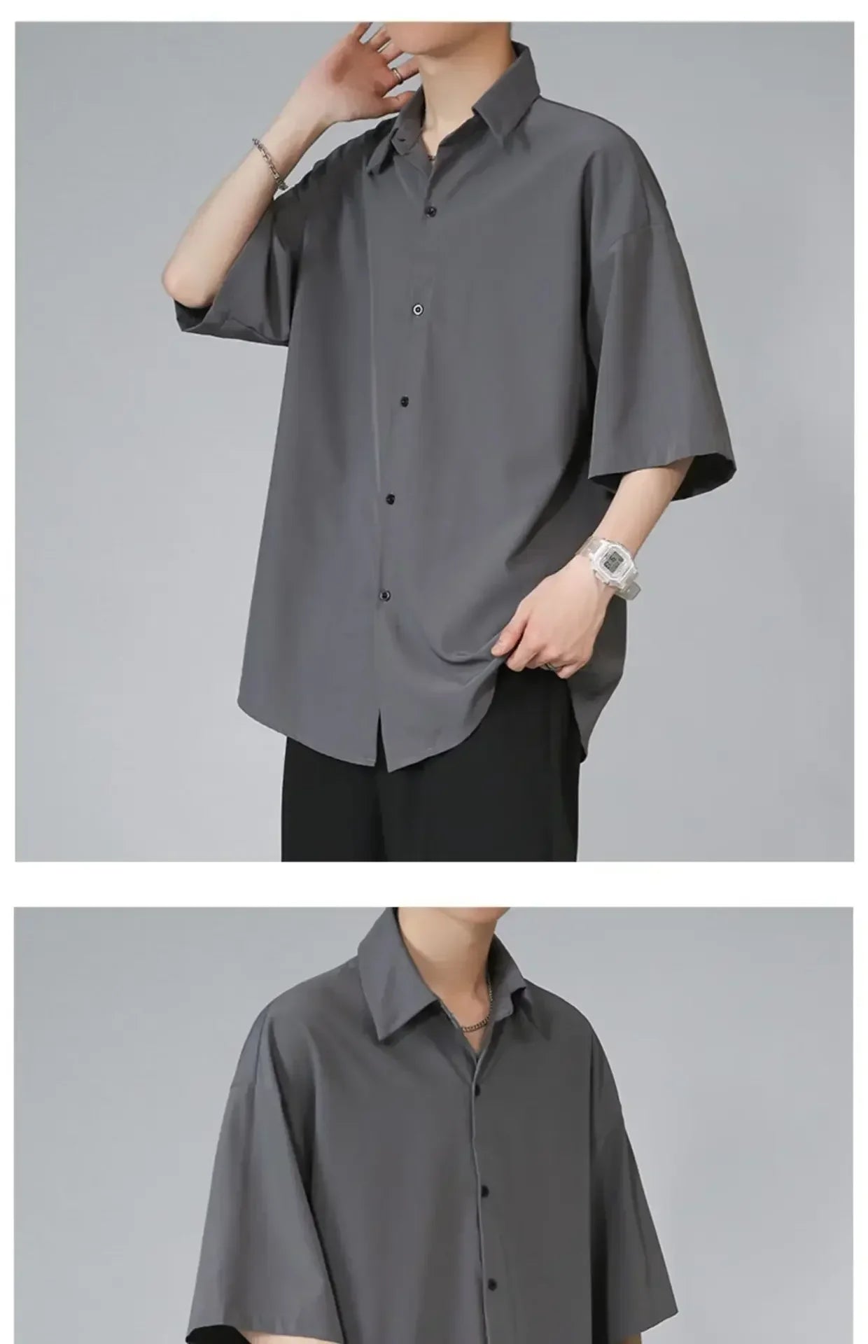 Men's Ice Silk Short Sleeve Shirt Casual Loose Fit Korean Style Trendy Black Shirt For Summer Thin Sleeve Casual