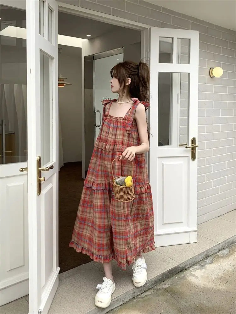 Vintage Plaid Dresses Women Ruffles Sweet French Style Bandage Loose Casual Girlish Summer New Ins Aesthetic Temperament Ulzzang