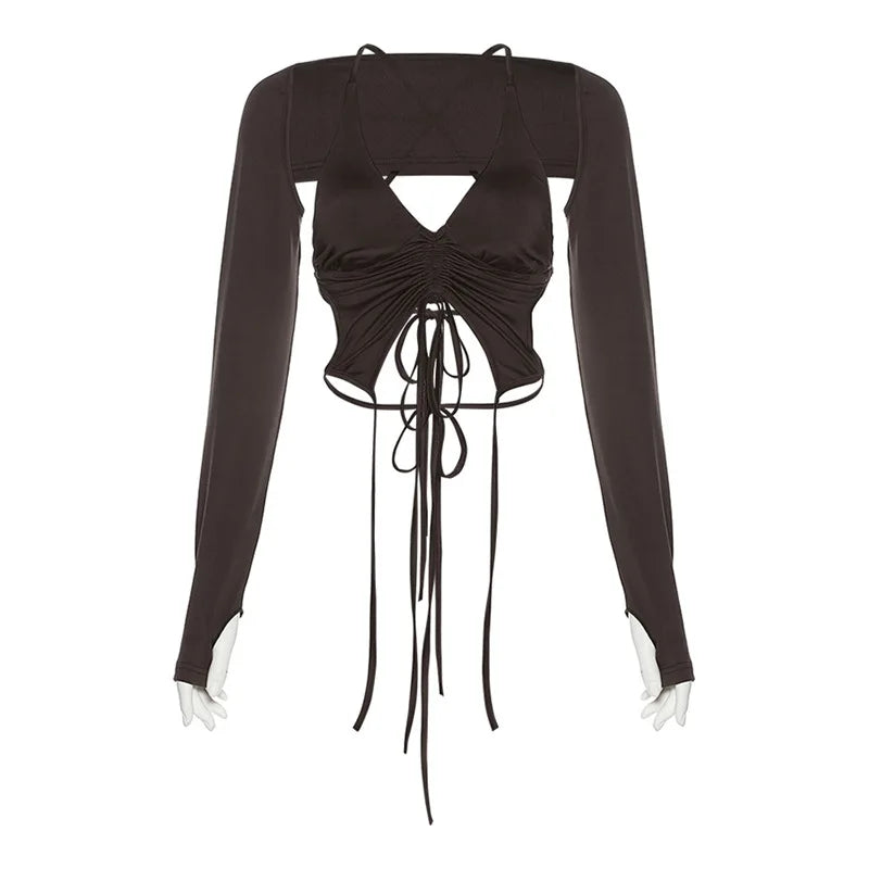 Y2k Streetwear 2 Piece Long Sleeve Halter Crop Top Sexy Trendy Irregular Backless Women T-shirts Aesthetic