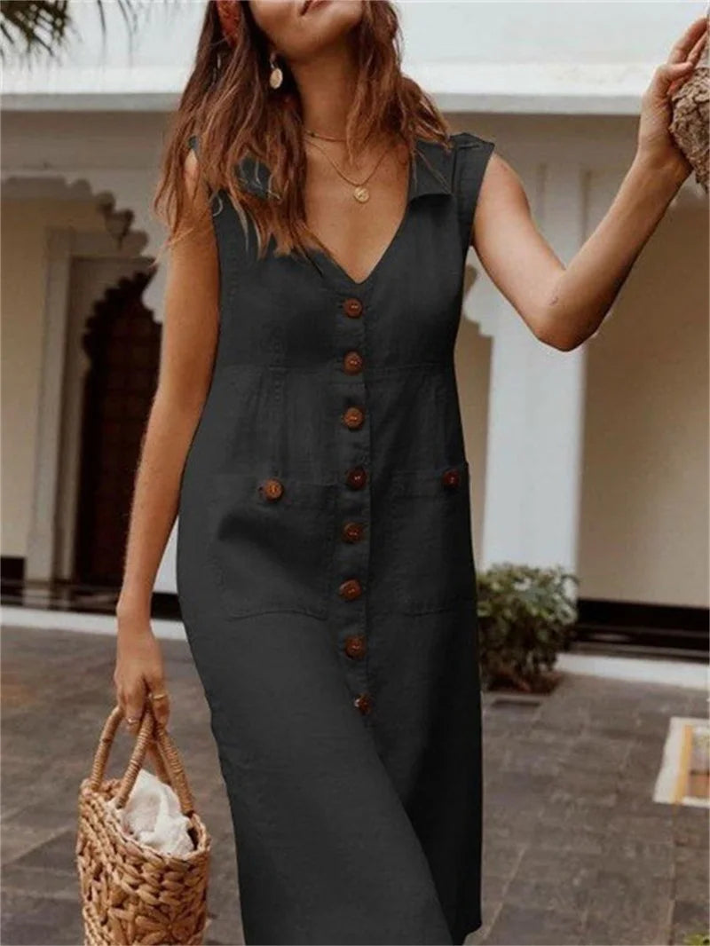 Elegant Casual Double Pocket Patchwork Dresses Women Solid Color Daily Commuter Dress Female Lapel Single-breasted Cardigan Gown