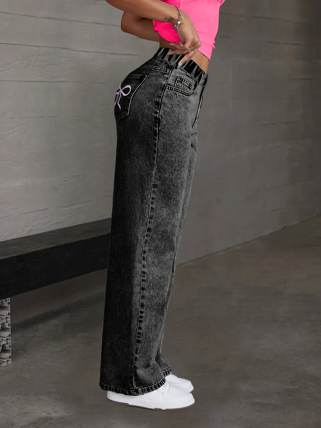 Girl's Y2K style butterfly knot embroidered casual trendy all-purpose straight dark denim pants, comfortable fabric suitable.