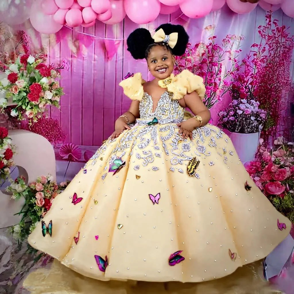Luxury Beading Flower Girl Dresses Princess Hot Pink Customized Ball Gown Baby Girls First Birthday Party Pageant Dress
