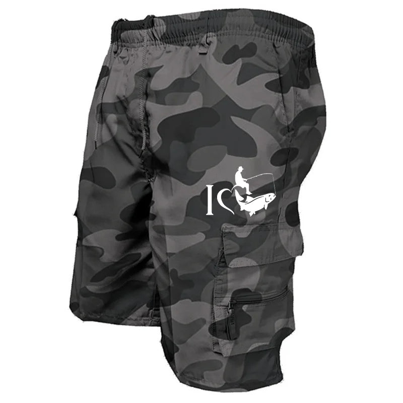 Trendy Mens Bib Shorts Casual Loose Shorts Funny I Love Fishing Printed Drawstring Pocket Shorts Summer Mens Shorts