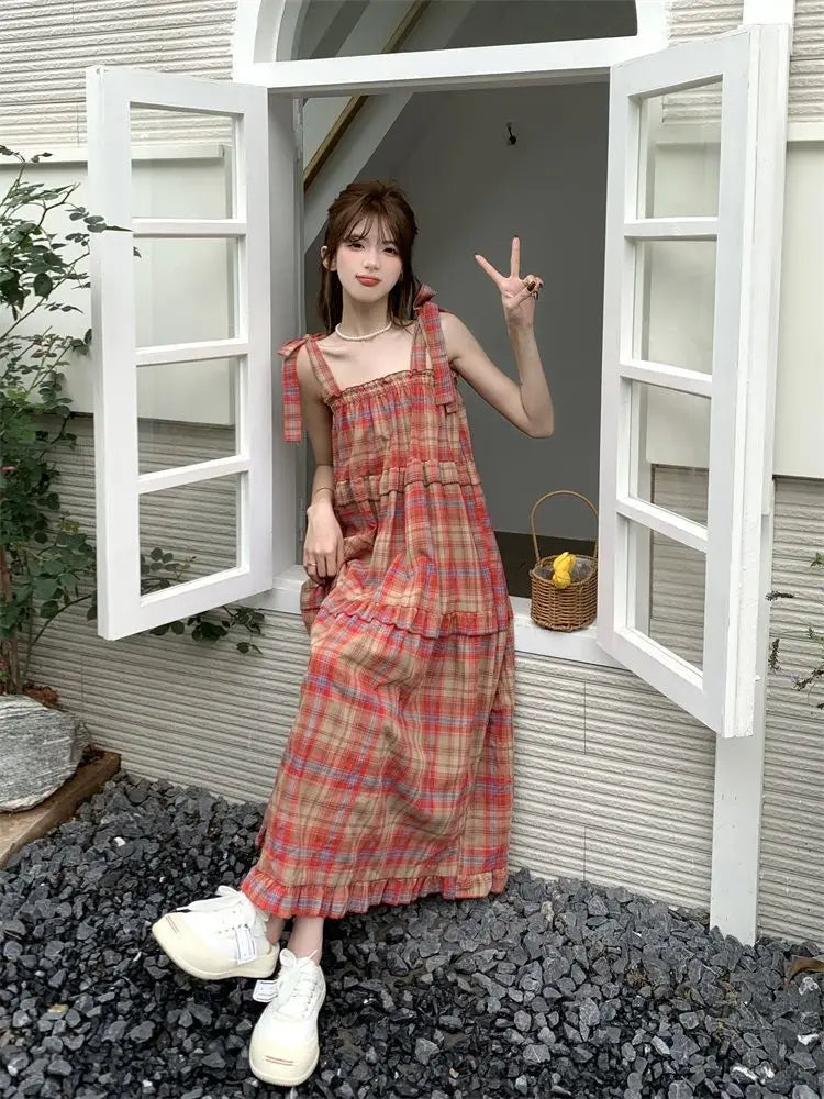 Vintage Plaid Dresses Women Ruffles Sweet French Style Bandage Loose Casual Girlish Summer New Ins Aesthetic Temperament Ulzzang