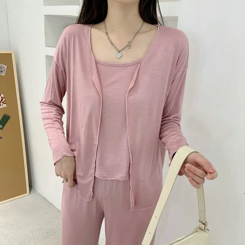 Fdfklak New Arrivals 3PCS Sleepwear Pajamas Set Lingerie Pyjamas Spring Summer Modal Soft And Comfortable Homewear