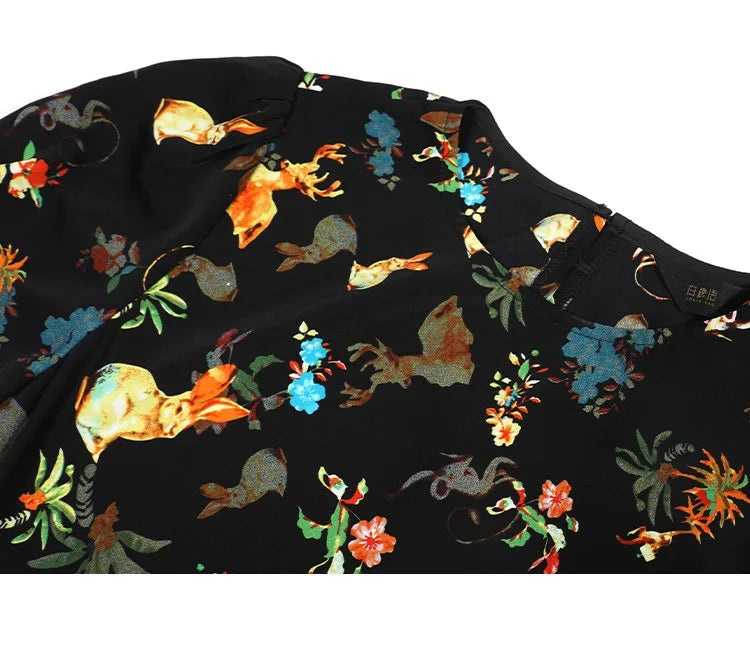 LOUIS YAO Women's Printed Dress 2025 Summer Soft Fabric New Cute Animal Flower Patterns Umbrella-shaped Skirt Hem Long Dresses