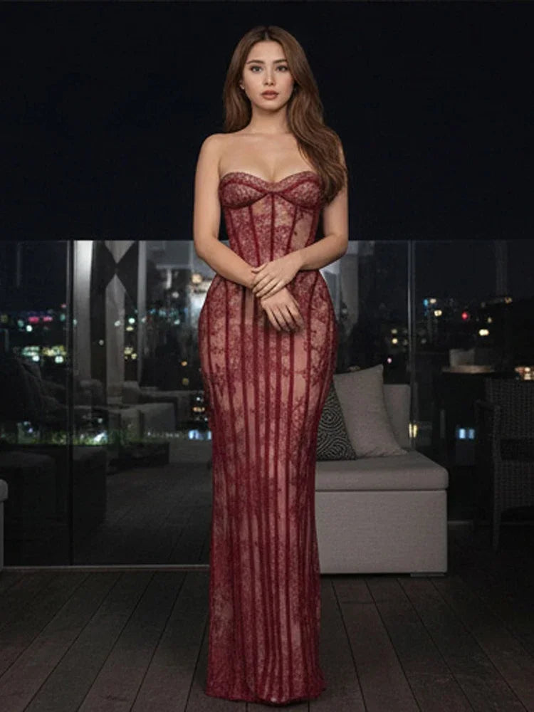 Women Strapless Tulle Fishbone Dress Backless Off Shoulder Printed Patchwork Slim Maxi Dresses 2026 Lady Chic Party Evening Gown