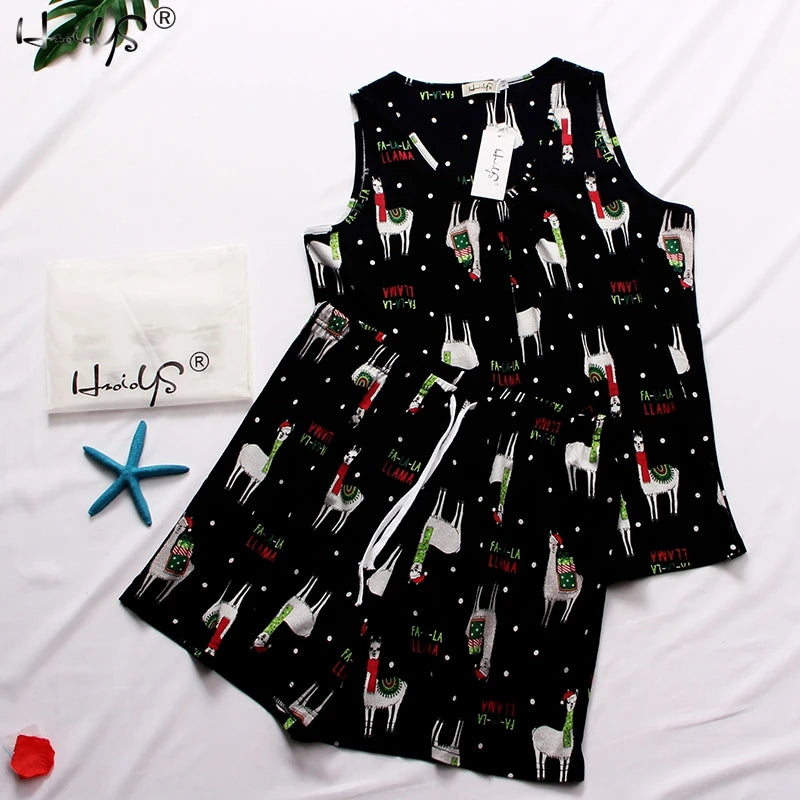 Hzioiys Summer Pajamas Sets Cotton Sleepwear Suit Women Casual Pajama Sets Cartoon Vest Shirt + Shorts Pajamas Suit Plus Size