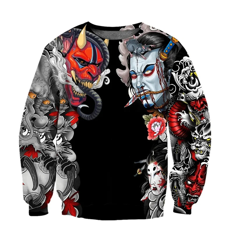 Cool Ghost Mask 3D Printed Hoodies For Men Flower Snake Pattern Long Sleeved Sweatshirt Autumn Oversized Round Neck Pullovers