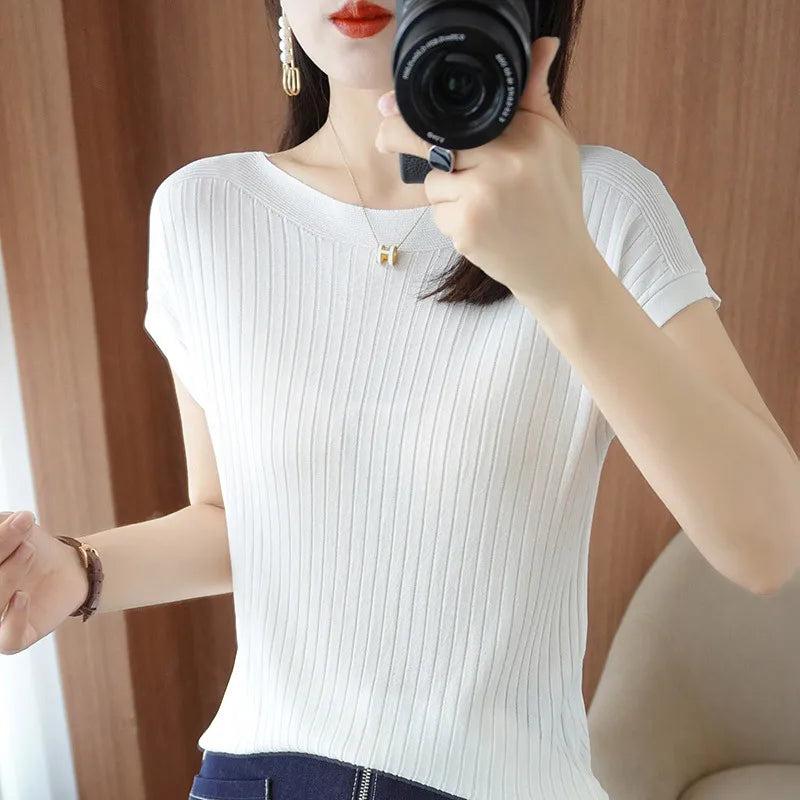 Spring Summer T-shirt Women Short Sleeves Slim Striped Innerwear Slash Neck Fashion Korean Loose Knitted T-shirt Sweater 2026