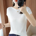 Spring Summer T-shirt Women Short Sleeves Slim Striped Innerwear Slash Neck Fashion Korean Loose Knitted T-shirt Sweater 2026