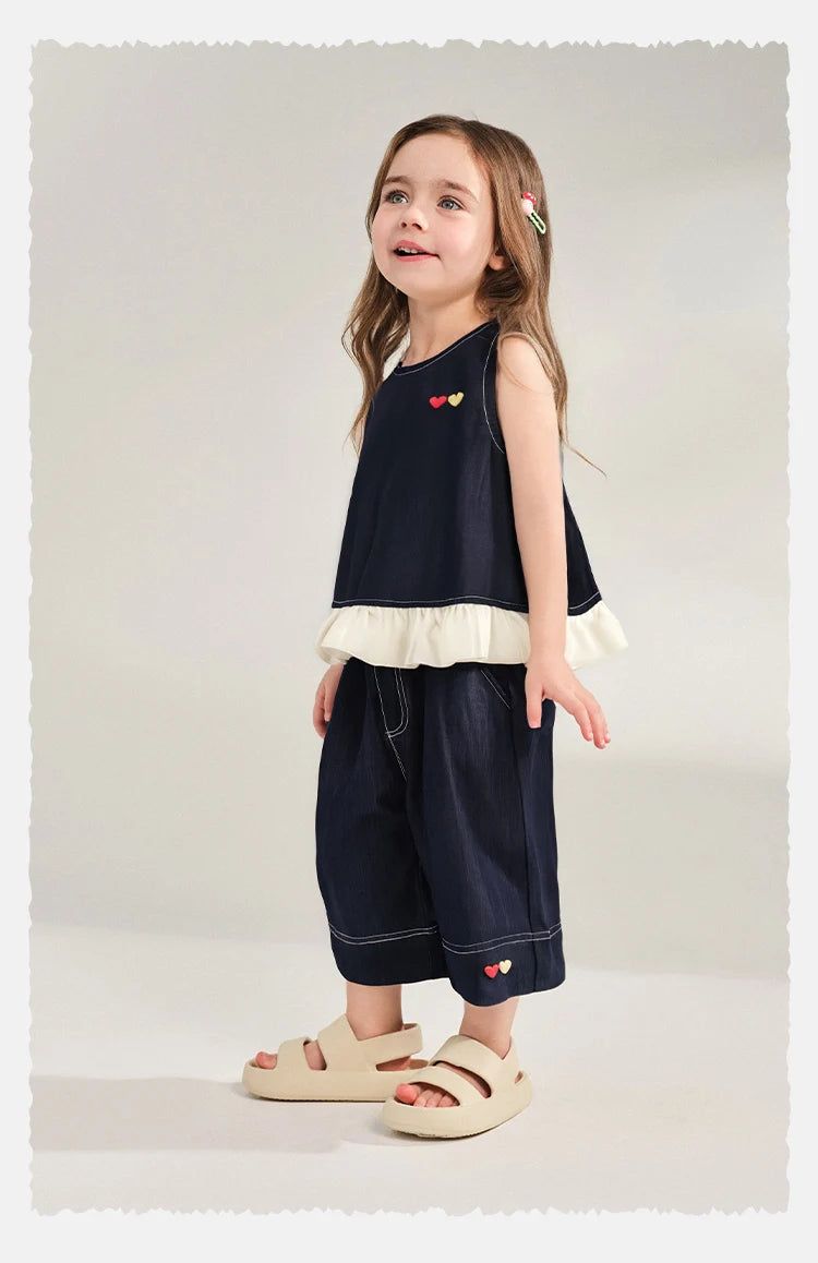 Amila 2026 Girls Summer Set Navy Blue Top Wide Pants 2025 Fashion Heart Embroidery Ruffle Casual Trendy Kids Outfit Sleeveless