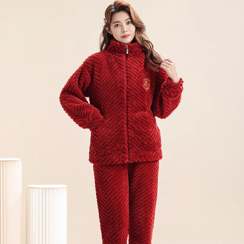 Women's Winter Flannel Pajamas Set Standing Neck Zippered Cardigan Sleepwear Coral Fleece Homewear Thick Warm Female Sweatshirt