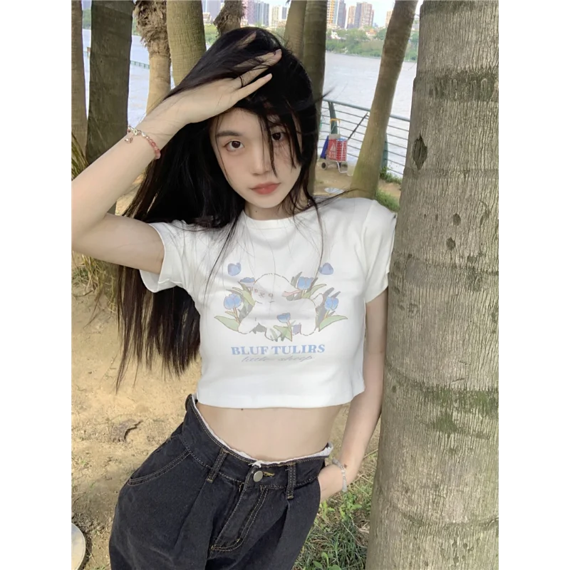 Kawaii Crop Top Summer Women's T-shirt All-match Trendy Fun Printed Casual Slim Korean Cute Tops New Y2K Simple Short Sleeve Tee