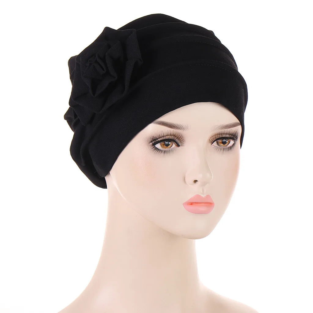 Trendy Crinkle Women's Hijab Solid Color Muslim Ladies Turban Bonnet Flower Decor Ramadan Head Wrap Head Scarf Indian Hats