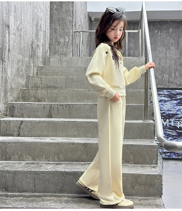 2025 teenager Gray girls Sport Suit winter spring Clothes Long Sleeve sweatshirt & wide leg Pant Casual 4 8 10 11 12 Years