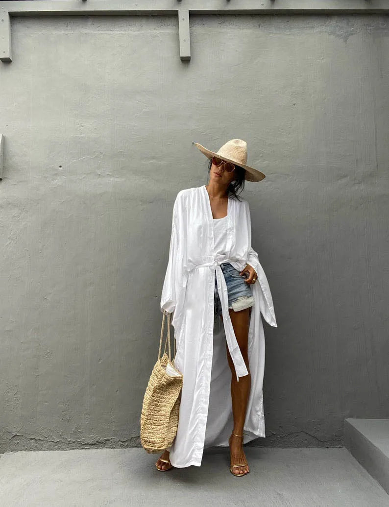 Solid Beach Cover Up Women Self Belted Wrap Kimono Dress Swimsuit 2025 New Robe Summer Beachwear Factory Supply