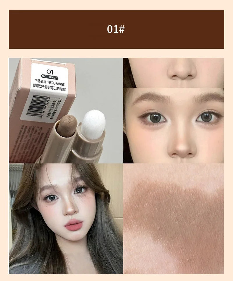 Double Head Contour Stick Bronzer with Brush Face Nose Shadow Cream Contour Pen Waterproof Lasting Contouring Makeup Cosmetics