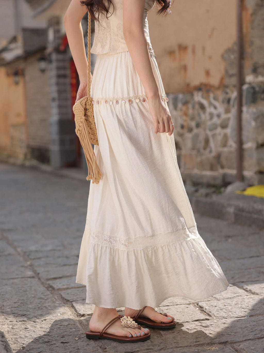 White Lace Three-Piece Set Spring Summer Slim Fit V-Neck Lace Cami Top High-Waisted A-Line Maxi Skirt Chic Red Fashion Shirt