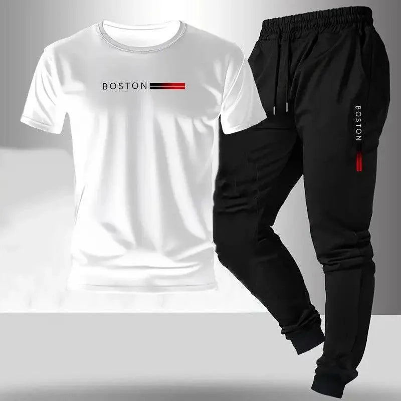 Summer New Fashion Trend Printed Sports Fitness Short-Sleeved T-shirt Long Pants Set Men's Loose Sports Large Size Two-Piece Set