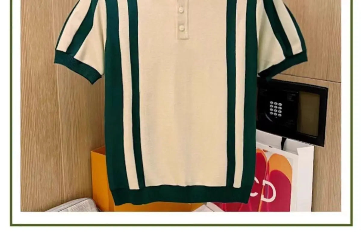 Summer New Men's Knitting polos Shirt Men Turn-down Collar Button Fashion Color Stripe Tops Knit Casual Short Sleeve T-shirts