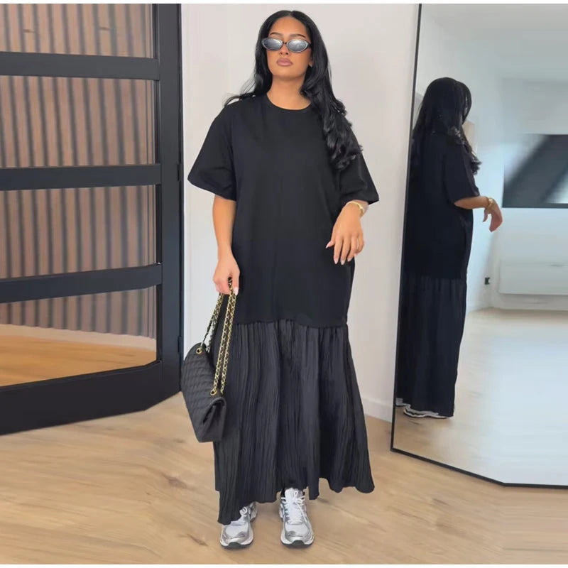 Elegant Women Patchwork Long Dress Short Sleeve O Neck Button A-Line Dresses Spring Summer Vintage Beach Vacation Casual Robes