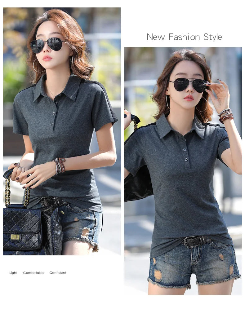 New Women Polo Shirt Summer Fashion Patchwork Button Turn-down Collar Short Sleeve Slim T-shirt Casual Basic Cotton Tees Tops