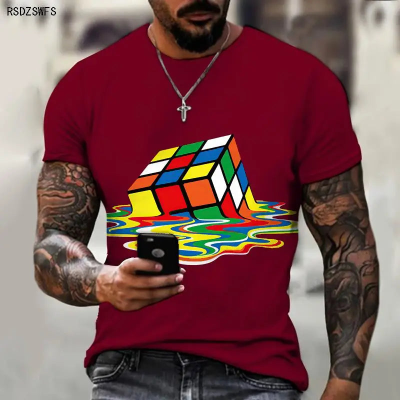 Men's Shirt Exclusive Design Melting Rubik's Cube 3D Printing Printing Trendy Brand Shirt Round Neck T-shirt Oversize 5XL