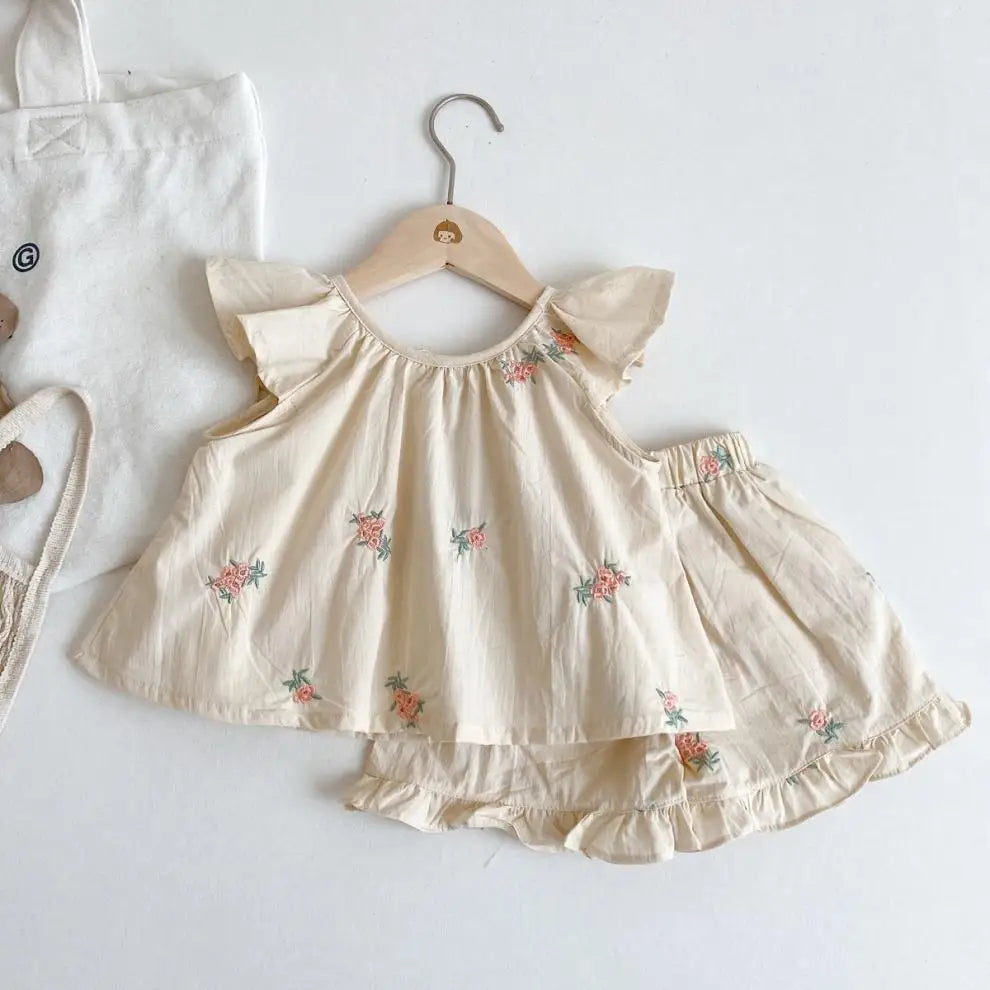 Humor Bear Girls' Clothing Sets Embroidered Children's Flying Sleeve Vest Shorts Kid Clothes Suit