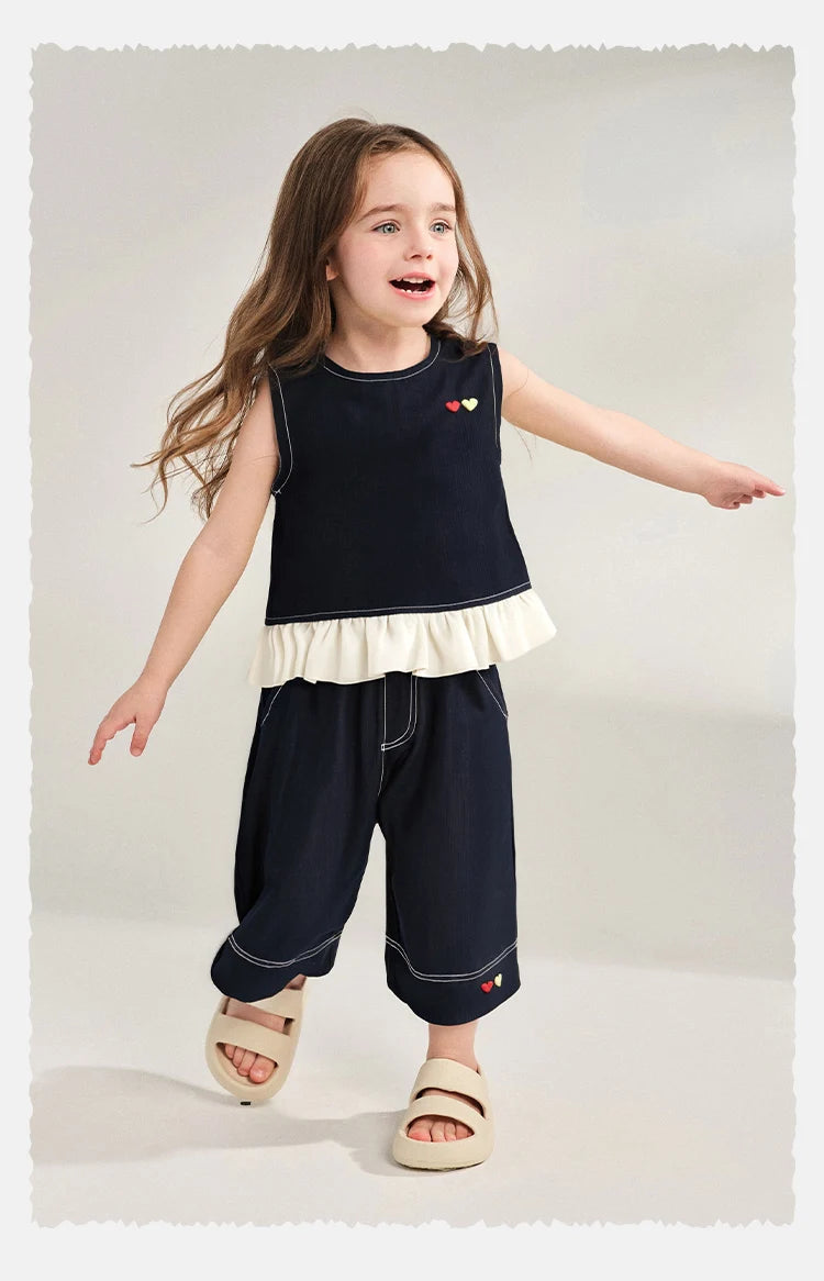 Amila 2026 Girls Summer Set Navy Blue Top Wide Pants 2025 Fashion Heart Embroidery Ruffle Casual Trendy Kids Outfit Sleeveless