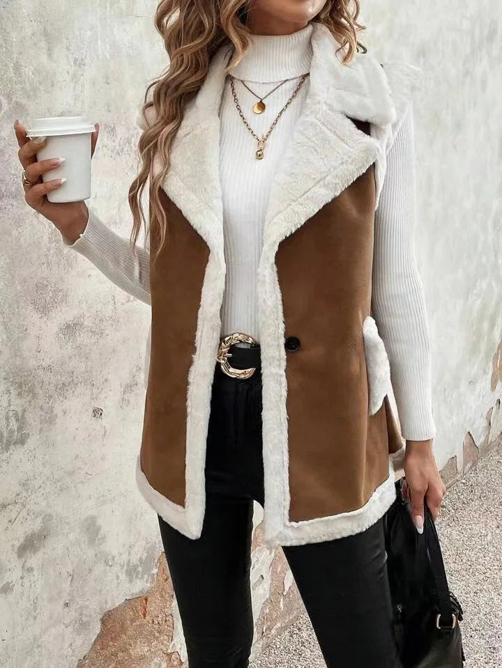 European American Fashion Women’s Color-coded Sleeveless Casual Trendy Loose Turn-down Collar Loose Vests Female Clothes Coats