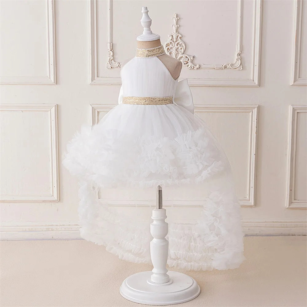 Trailing Big Bow Party Baby Girls Dresses Sequin Baptism Bridesmaid Costume Toddler Birthday Princess Dress Wedding Evening Gown