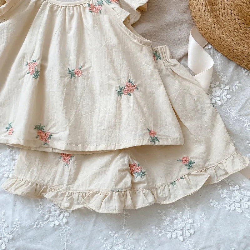 Humor Bear Girls' Clothing Sets Embroidered Children's Flying Sleeve Vest Shorts Kid Clothes Suit