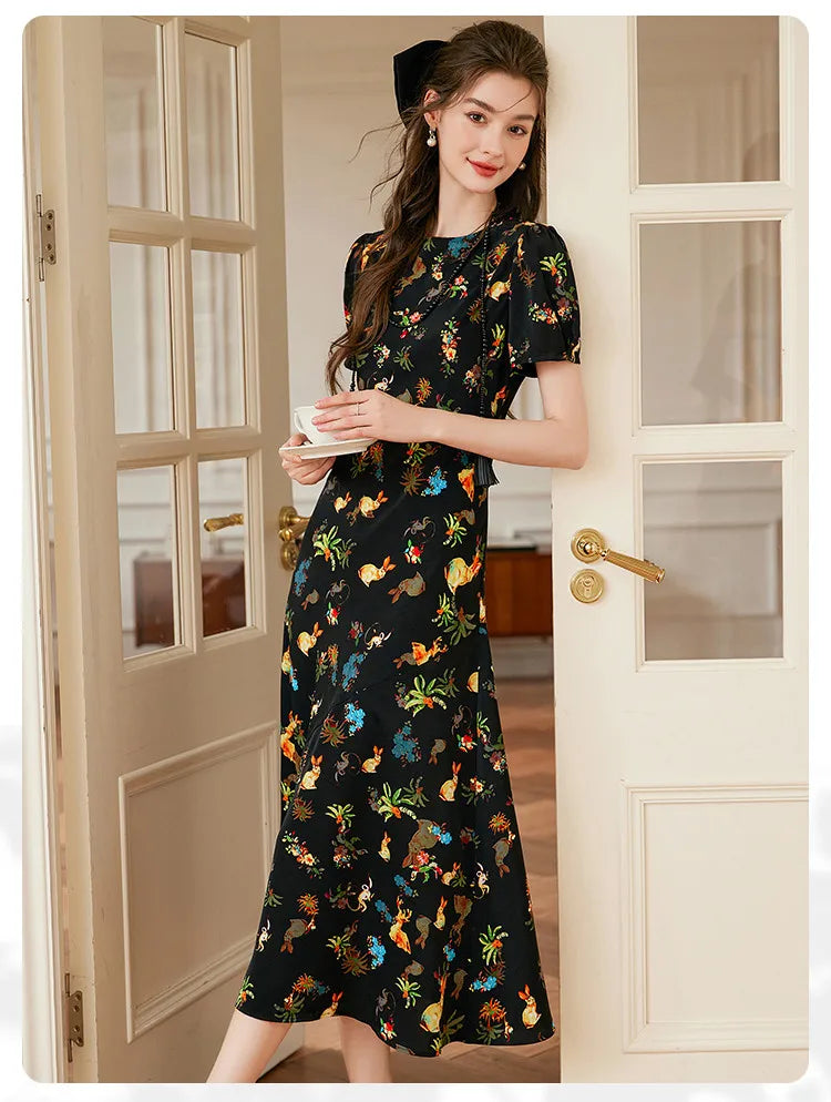 LOUIS YAO Women's Printed Dress 2025 Summer Soft Fabric New Cute Animal Flower Patterns Umbrella-shaped Skirt Hem Long Dresses