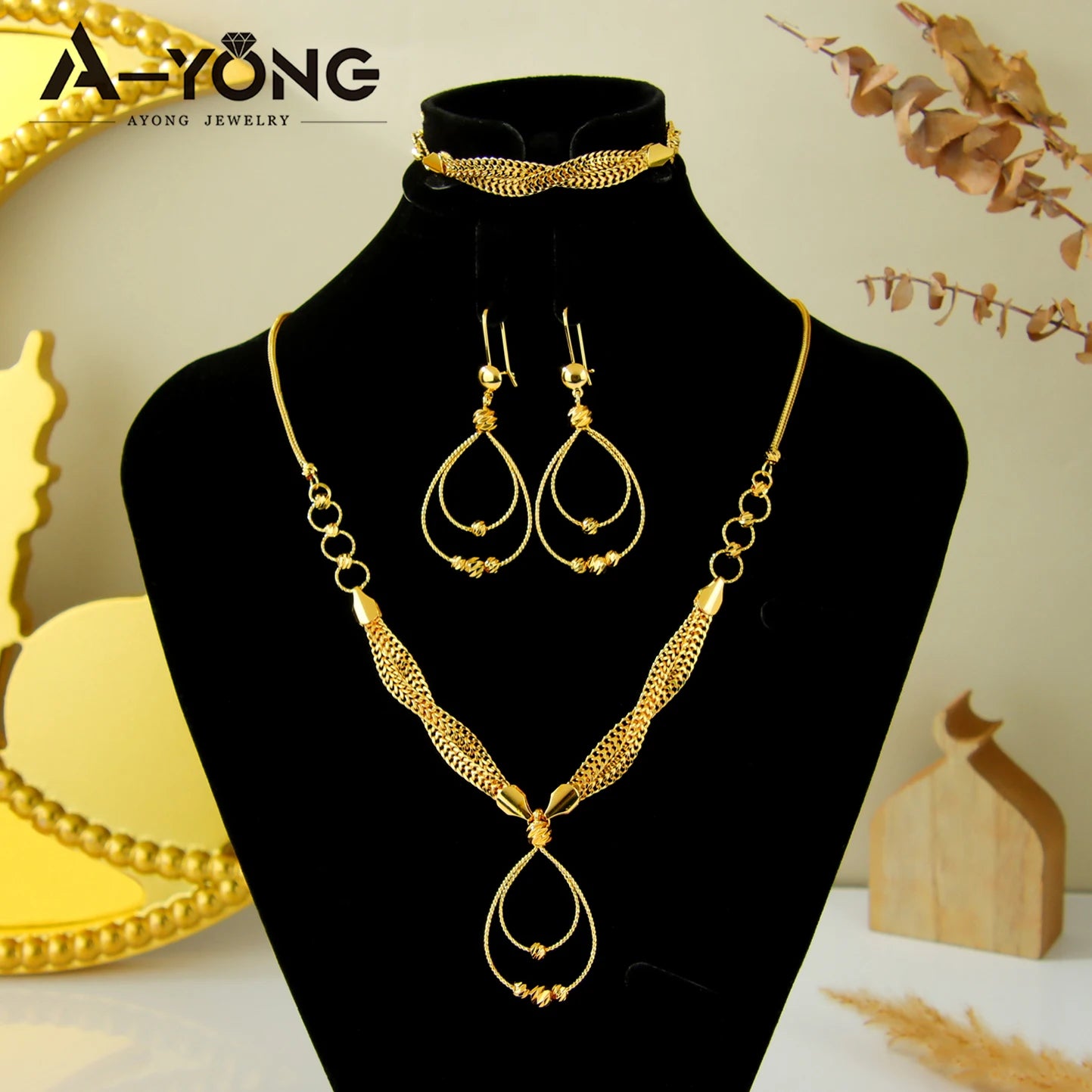 Dubai Fashion Waterdrop Jewelry Set 24k Gold Plated Arabic Exquisite Beads Necklace Bracelet Earrings Oman Bridal Jewelrys