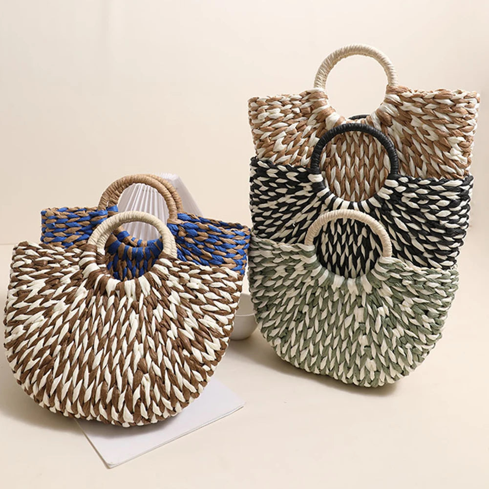 Women Straw Tote Handbag Large Capacity Semi-Circle Woven Bag Color Clash Semicircle Weaving Bag Summer Beach Handbag