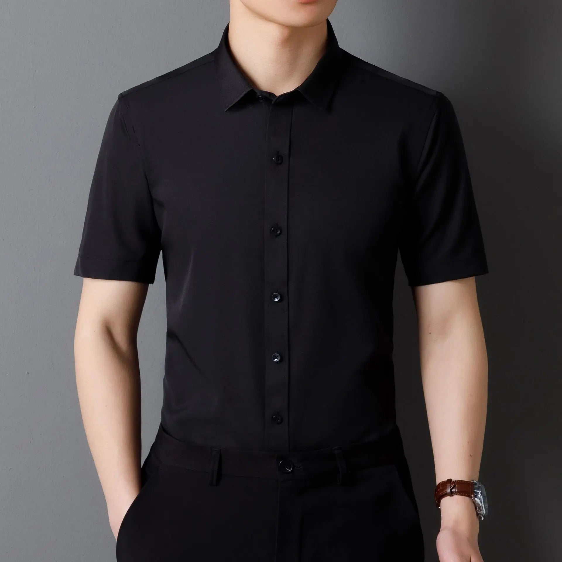 Men's Short Sleeve Shirts Summer Solid Color Polyester Turn Down Color Standard Fit Fashion Elegant Business Smart Dress Shirts