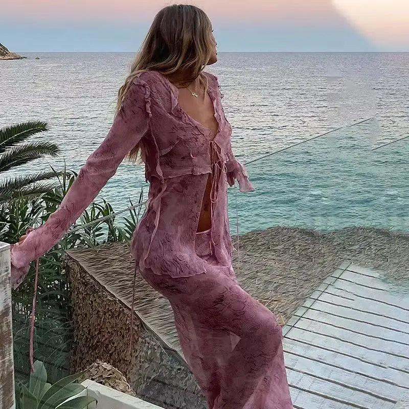 Print Y2K Mesh Long Sleeve Top Shirts Green and Maxi Skirt Bodycon Two Piece Sets Beach Outfits Women Club